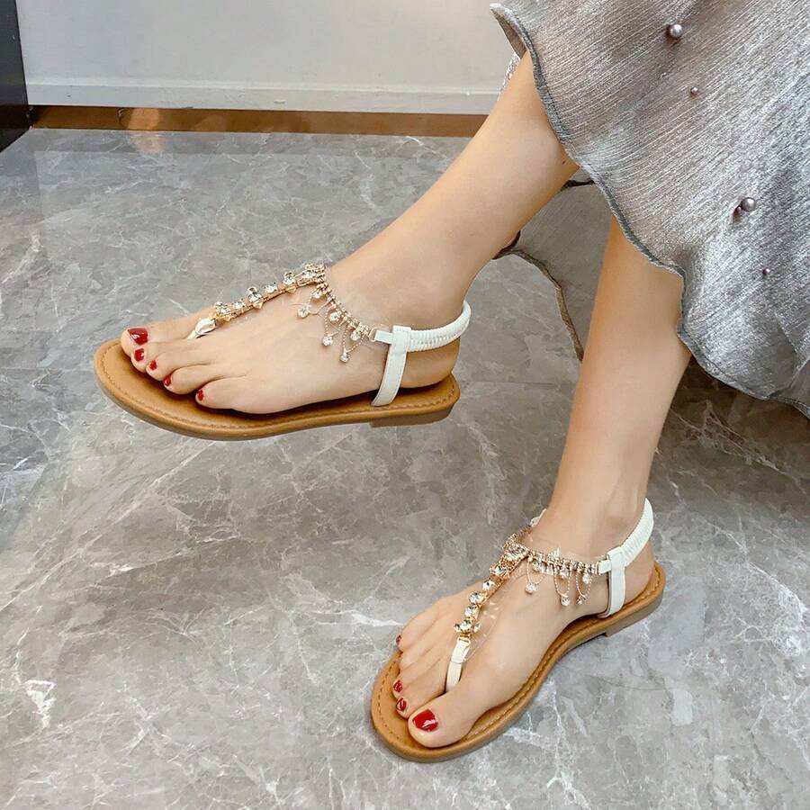 Women's Emerald Green Flat Sandals With Sparkling Rhinestones, Thimble Flip Flops With Elastic Back Strap, Elegant Shoes For Beach Parties And Casual Summer Wear - 706白色 - 查看 1