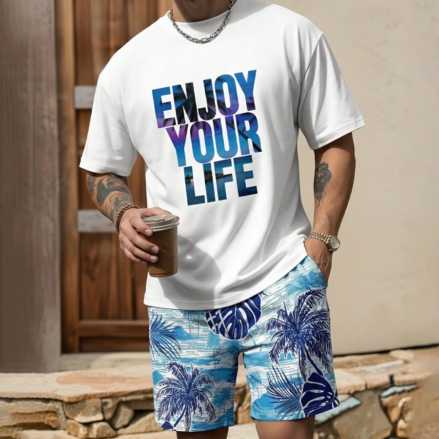 Conjunto de pantalón corto y camisa de manga corta con estampado, estilo de vacaciones para hombres