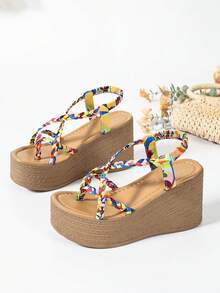 Sandalias de cuña con plataforma y correa trasera, zapatos versátiles de aumento de altura para mujer - Multicolor - Ver 2