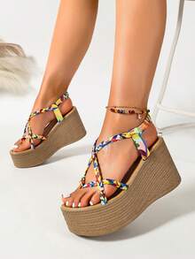 Sandalias de cuña con plataforma y correa trasera, zapatos versátiles de aumento de altura para mujer - Multicolor - Ver 5