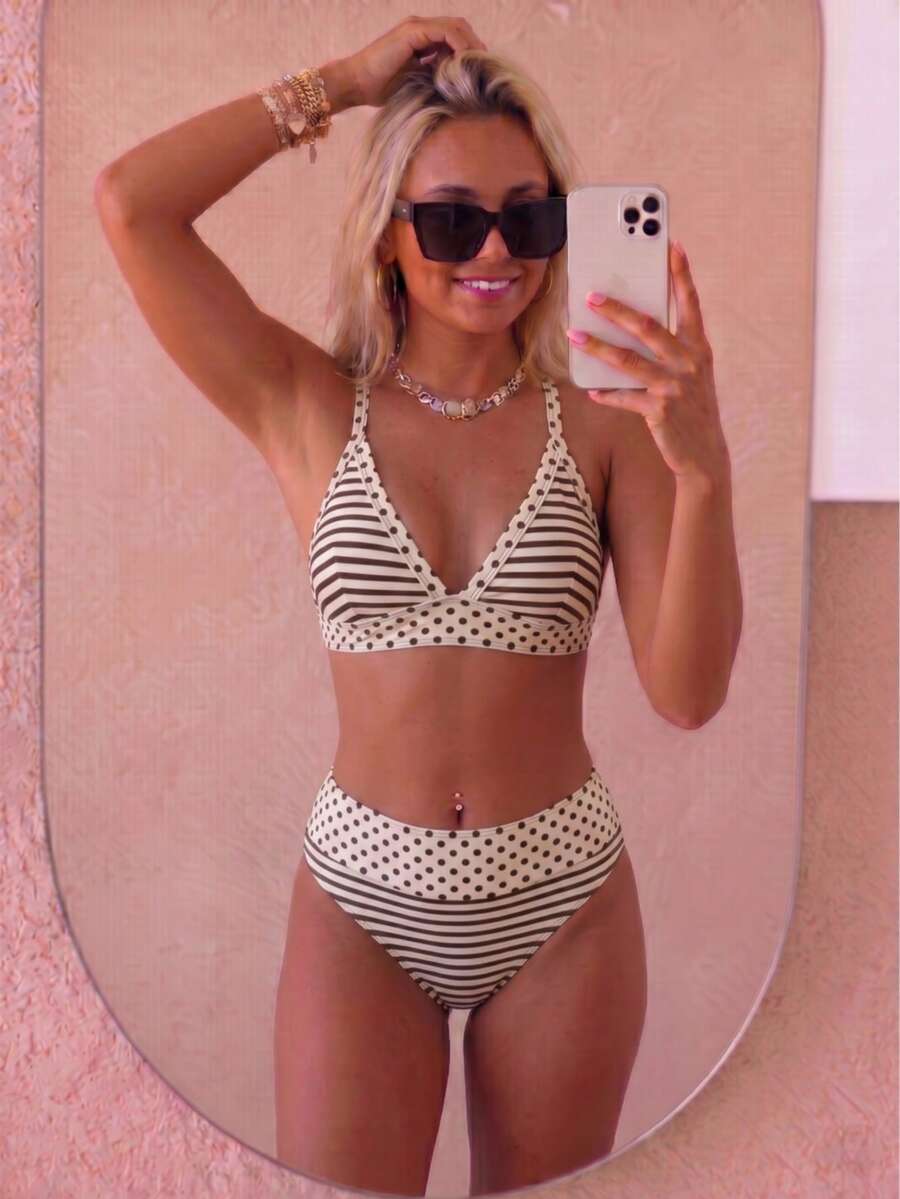 August vacation 夏季優雅女款時尚棕色波點條紋印花繫帶性感比基尼兩件式泳衣度假款 - 米白+深棕 - 查看 1