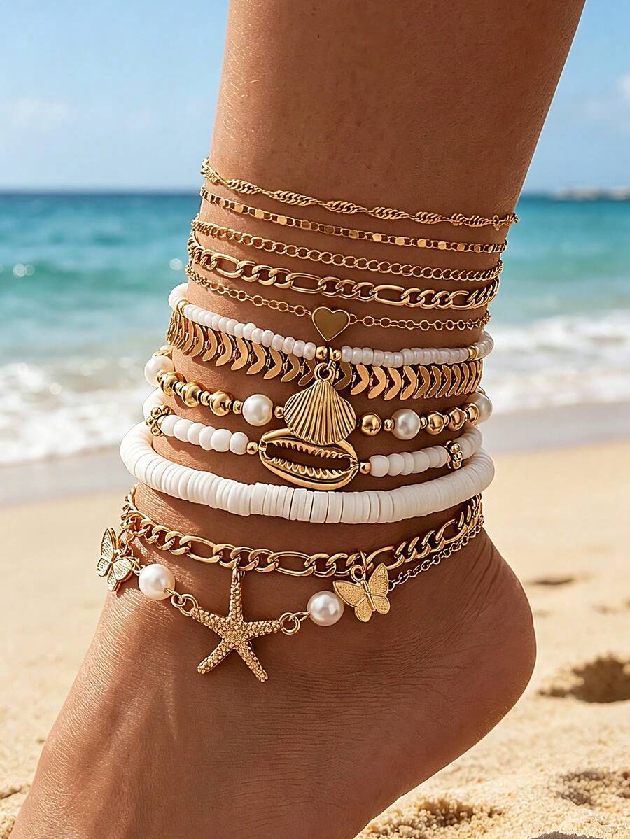 12pcs/7pcs Vintage Elegant Bohemian Style Women's Metal Chain Starfish Shell Butterfly Pendant Pearl Beaded Anklets Suitable For Daily Wear, Party, Gathering And Summer Beach Vacation Travel - Gold - View 1