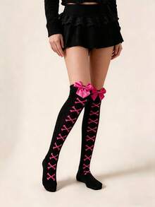 1 đôi tất cao quá gối nữ màu trơn, chi tiết nơ kiểu Nhật, phong cách Y2K Lolita, ôm chắc, tất dễ thương cho tiệc trà Lolita - Nhiều màu - Xem 8