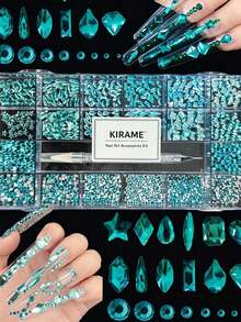 KIRAME 21格 DIY 美甲 K9 玻璃湖藍平底水鑽套組，每格 30 顆高光水鑽，含 1 支水鑽筆，美甲寶石，適用美甲沙龍、居家美甲、美甲用品，聖誕、夏季與旅行美甲，節日禮物美甲飾品 - 湖藍色 - 查看 7