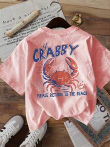 Unisex Plus Size T-Shirt With Anchor And Crab Wave Print On Both Sides, Round Neck, 180g Cotton, Beach Style, Summer Casual - 粉色 - 查看 3