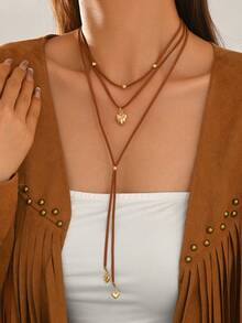 1pc Western Vintage Brown Cord Small Heart Tassel And Heart Pendant Decorated With Small Gold Beads Necklace, Fashionable Personalized Women's Neck Jewelry, Suitable For Daily Wear, Summer Vacation, Western Style Outfit, Music Festival - Multicolor - View 1