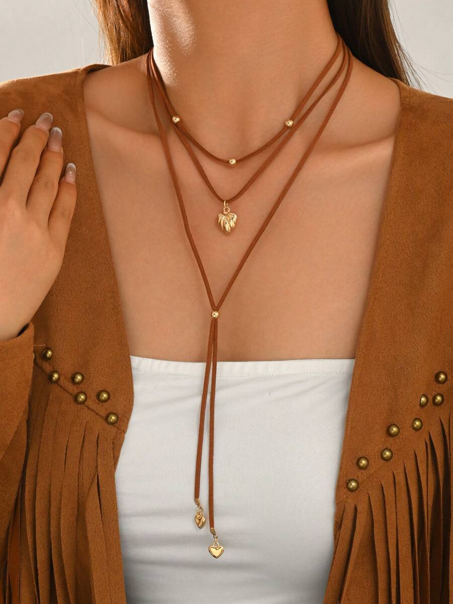 1pc Western Vintage Brown Cord Small Heart Tassel And Heart Pendant Decorated With Small Gold Beads Necklace, Fashionable Personalized Women's Neck Jewelry, Suitable For Daily Wear, Summer Vacation, Western Style Outfit, Music Festival - Multicolor - View 1