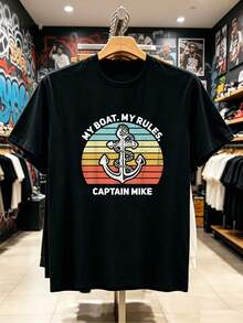 Men's Funny Nautical T-Shirt, 1 Piece - "Captain Ship And My Ship My Rules" Graphic Tee, Casual Crew Neck T-Shirt Suitable For Sailing, Fishing, Outfits, Clothing - 黑色 - 查看 1