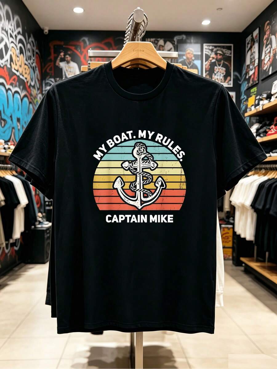 Men's Funny Nautical T-Shirt, 1 Piece - "Captain Ship And My Ship My Rules" Graphic Tee, Casual Crew Neck T-Shirt Suitable For Sailing, Fishing, Outfits, Clothing - 黑色 - 查看 1