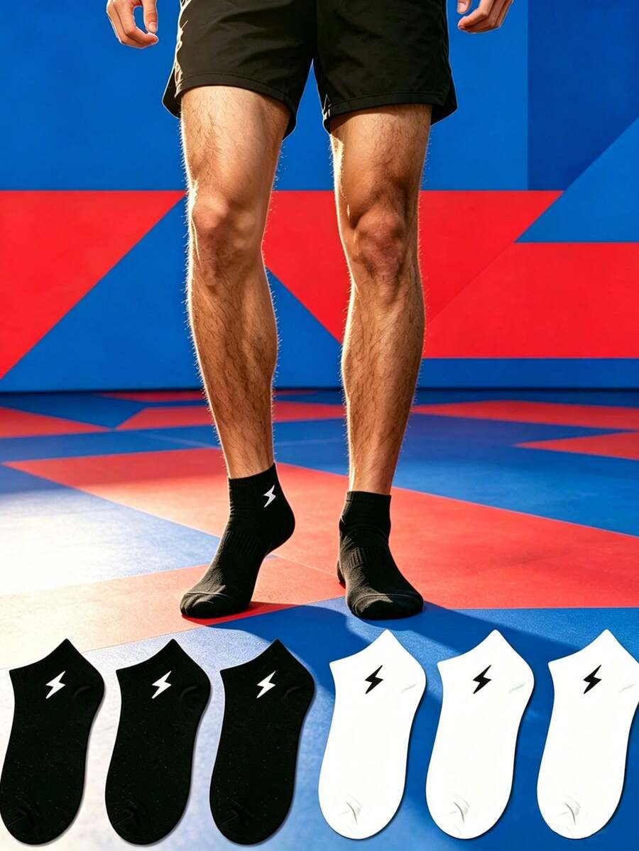 1/5/10/15/20 Pairs Men's Solid Color Low-Cut Boat Socks, Lightning Embroidery Sports Short Socks, Non-Slip And Wear-Resistant - Multicolor - View 1