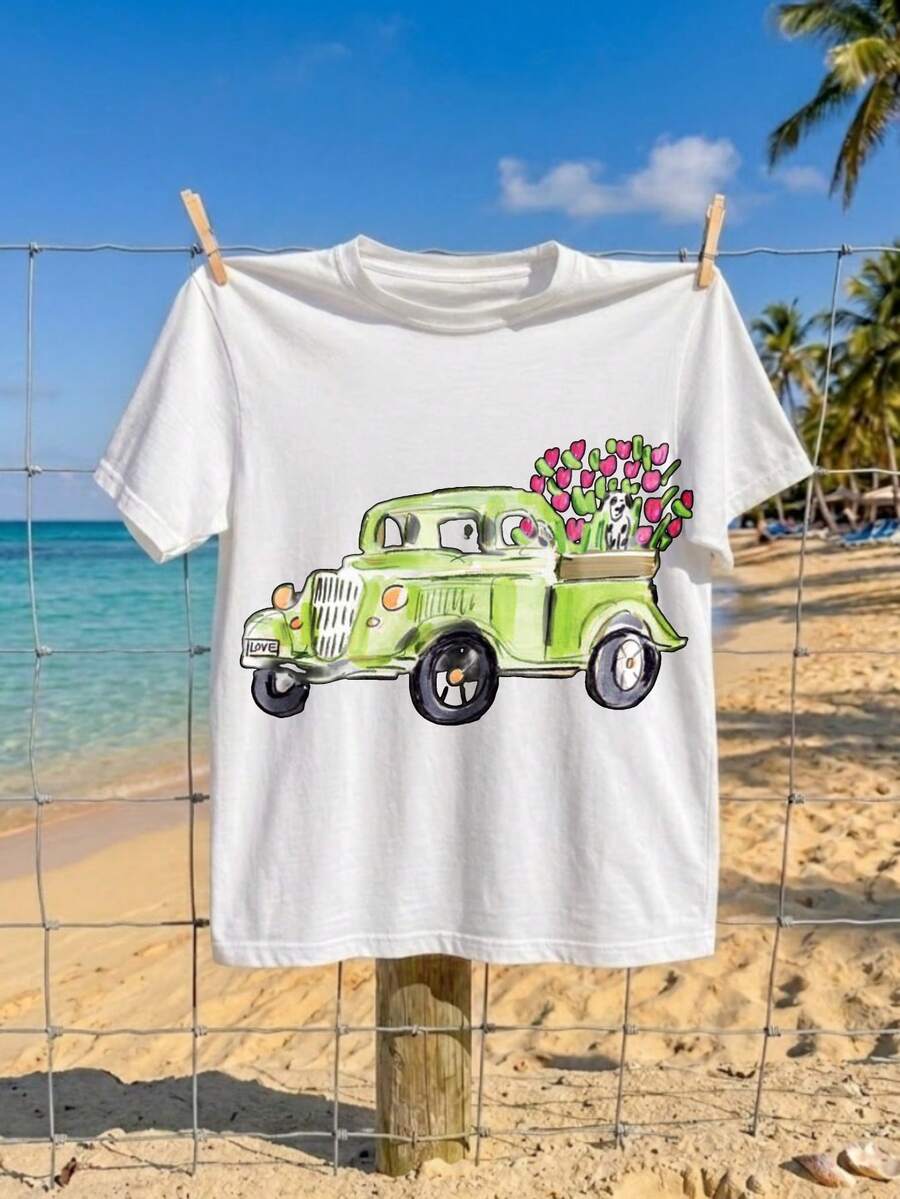 Print T-Shirt 220g Cotton Casual Style Vintage Truck With Flowers And Cat Beach Holiday S-4XL - 黑色 - 查看 1