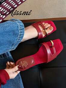 Giày sandal hở mũi kiểu Pháp cổ điển, sandal mùa hè tiện dụng, gót cao dày. - Đỏ - Xem 2