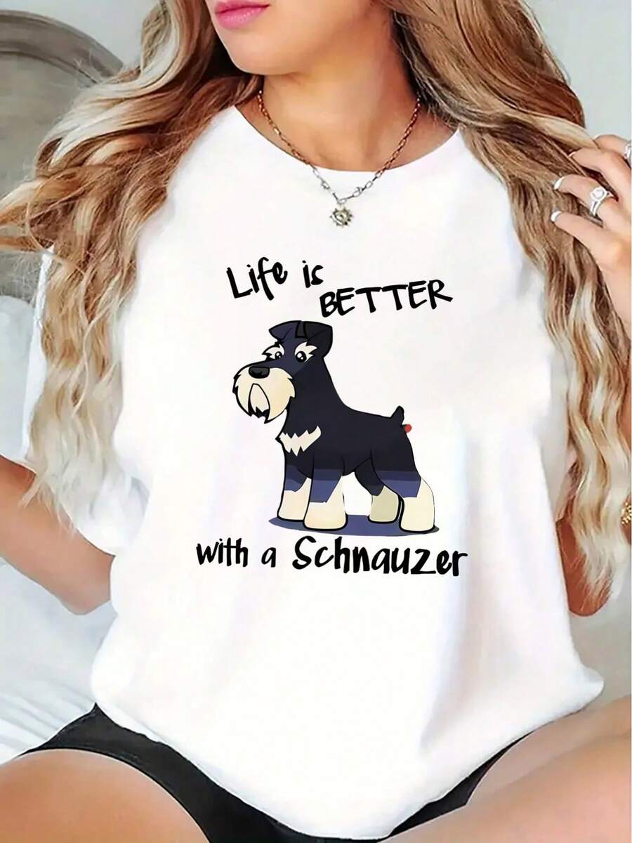 Pure Cotton Summer Blouse, Round Neck, Short Sleeve, Schnauzer Print With The Phrase "Life Is Better With A Schnauzer", Comfortable Casual Top For Dog Lovers, Women's Shirts - 白色 - 查看 1
