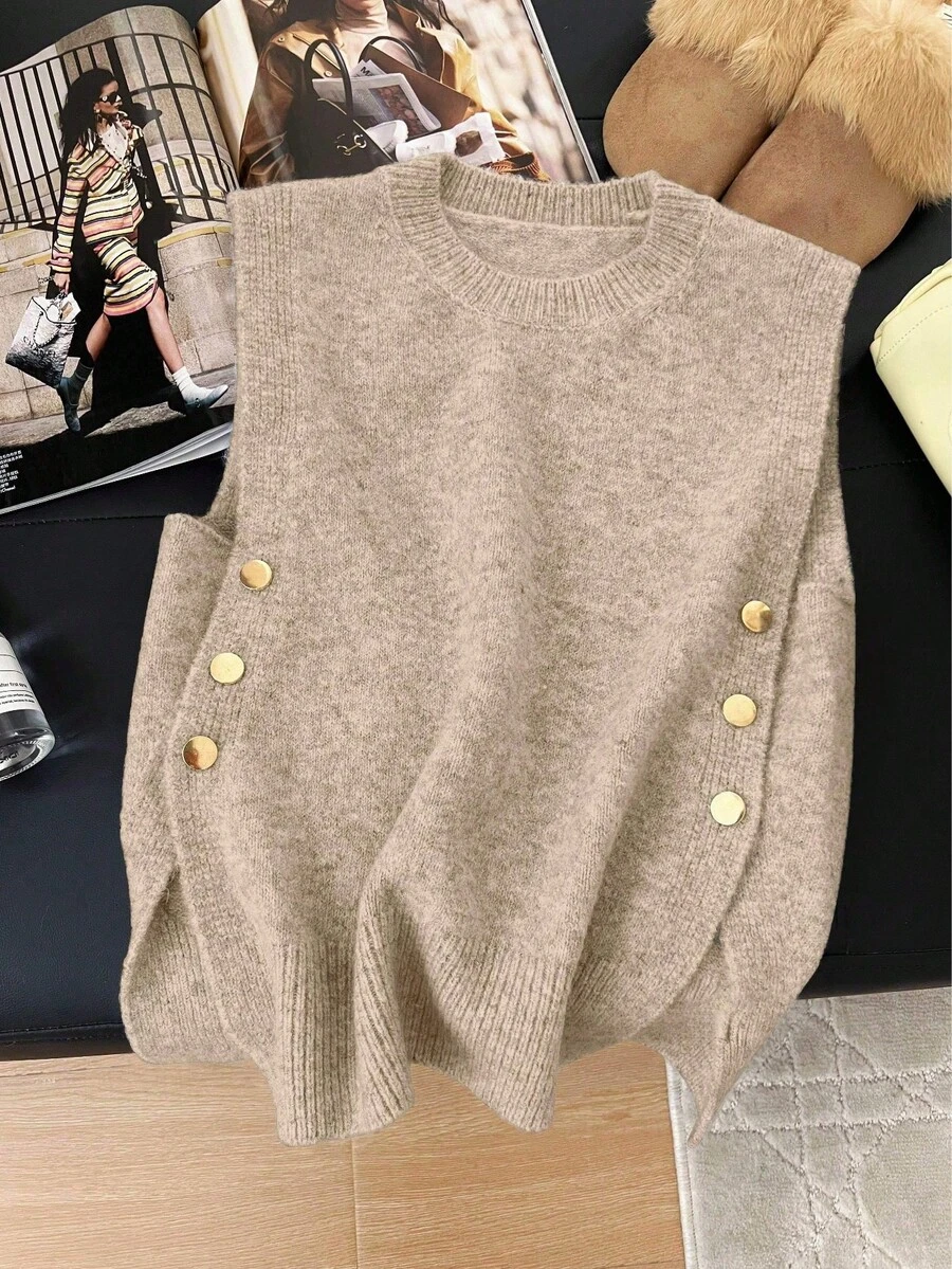 1 pieza Conjunto casual de verano para mujer de unicolor con cuello redondo y botón lateral de metal, chaleco sin mangas de punto dividido y top tipo tank de moda para mujer - Caqui - Ver 1