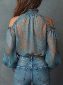 Women's Bohemian Paisley Print Cold Shoulder Blouse, Vintage Off-Shoulder Paisley Pattern Blouse, Long Ruffle Sleeve Stand Collar Asymmetric Blouse, Autumn - Dusty Blue - View 2