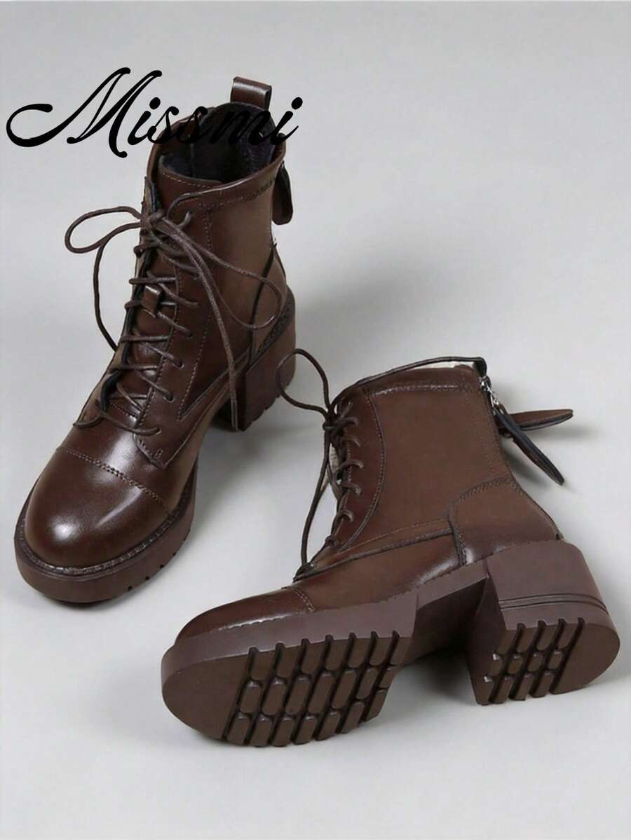 Fall/Winter 2025 Spring/Autumn New European Boots, Women's Chunky Heel Short Ankle Boots,Boots For Women - Brown - View 1