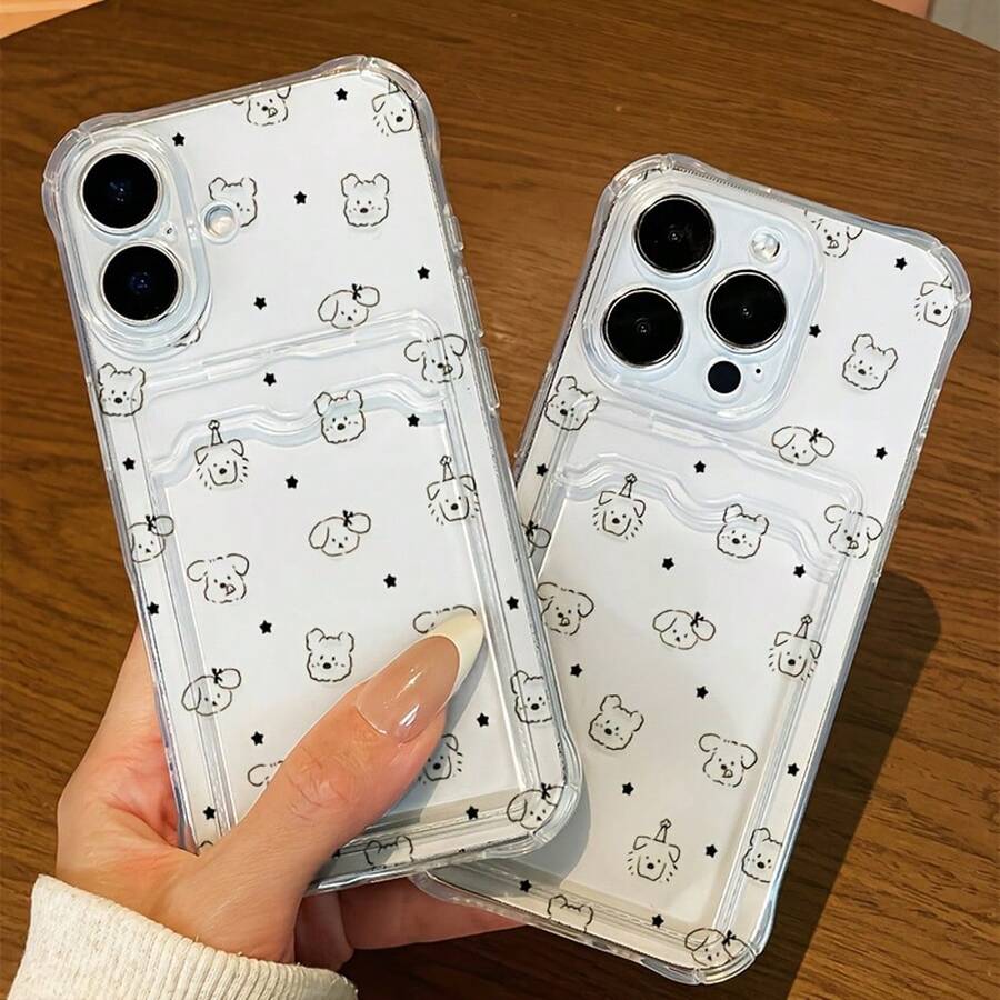 Funda para Teléfono - Diseño de Línea de Cachorro de Dibujos Animados para Iphone 17 Pro Max, 16 PLUS, 15, 14, 13, 12 y 11. Esta funda transparente cuenta con un tarjetero y un diseño - Multicolor - Ver 1
