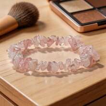 Asymmetric Natural Gemstone Bracelet, Elastic Chip Stone Beads, Rose Quartz Crystal Bracelet, Women's Bracelet, Valentine's Day Gift - Baby Pink - View 8