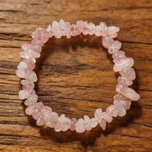 Asymmetric Natural Gemstone Bracelet, Elastic Chip Stone Beads, Rose Quartz Crystal Bracelet, Women's Bracelet, Valentine's Day Gift - Baby Pink - View 7