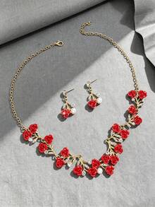 1 Set Sweet Elegant Rose Necklace And Earrings Set, Women's Holiday Birthday Date Ball Party Vacation Shopping Accessories - Rose - View 5