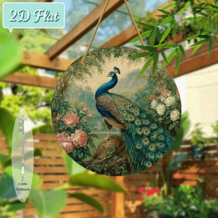 2D平面壓克力復古孔雀花卉圓形吊飾，精美鳥類藝術印花，防水耐刮，庭院花園入口門牌牆面裝飾，貼心喬遷禮物