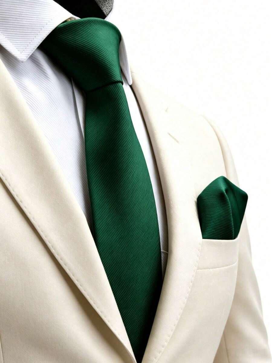 1pc Men's 8cm Gold Textured Tie & Pocket Square Set, Wedding Party Groom Tie Set - Dark Green - View 1