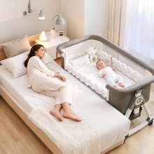 Lcchabls 5 In 1 Baby Bassinet&Bedside Sleeper,Rocking Mode,Portable Foldable Bedside Crib With 6 Adjustable Height,Wheels,Storage Basket&Removable Mosquito Net - Xám - Xem 1
