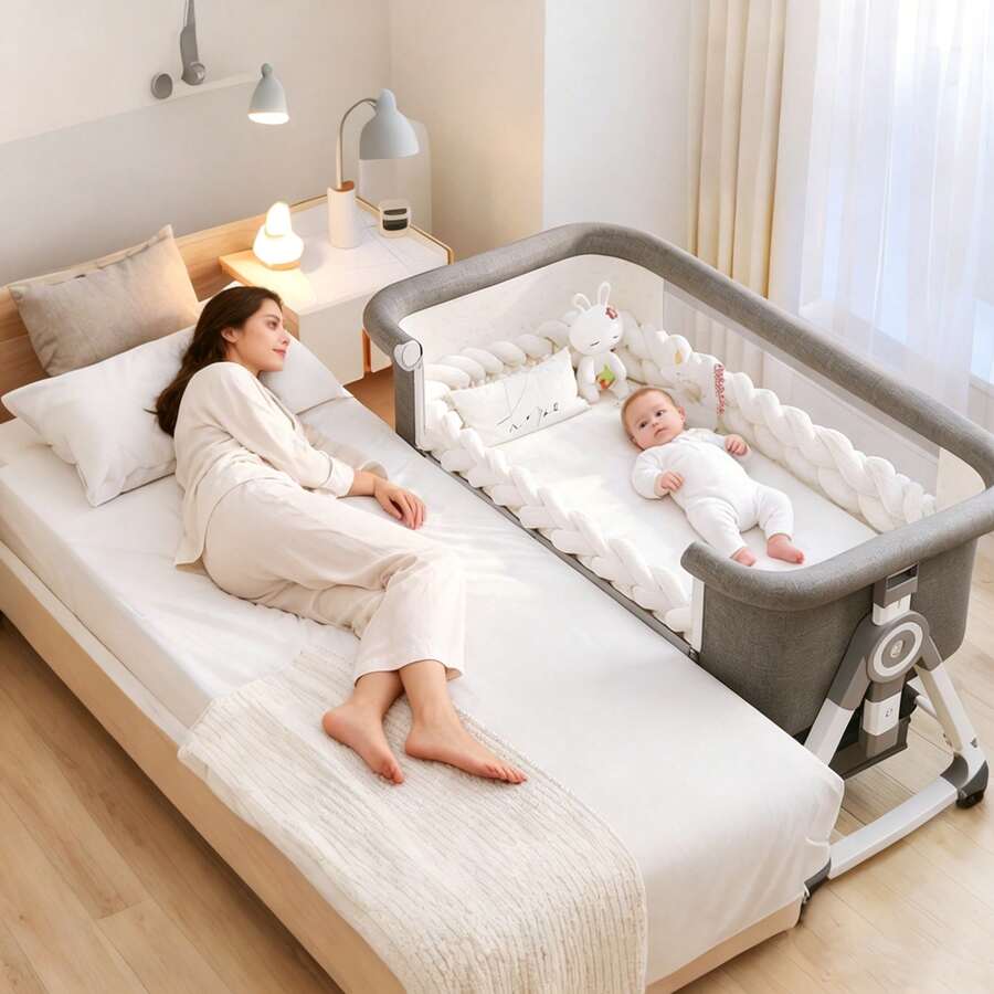 Lcchabls 5 In 1 Baby Bassinet&Bedside Sleeper,Rocking Mode,Portable Foldable Bedside Crib With 6 Adjustable Height,Wheels,Storage Basket&Removable Mosquito Net - Xám - Xem 1