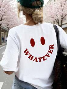 Clothes, New Summer Women's Casual "WHATEVER" Letter & Face Pattern Round Neck Grey Short Sleeve T-Shirt, Fashionable And Versatile, Suitable For Women's Everyday Wear In Spring, White - White - View 6