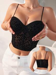 1pc Leopard Print Women's Underwire Push-Up Bra, Thin Non-Adjustable Shoulder Straps Women's Lingerie - Black - View 3