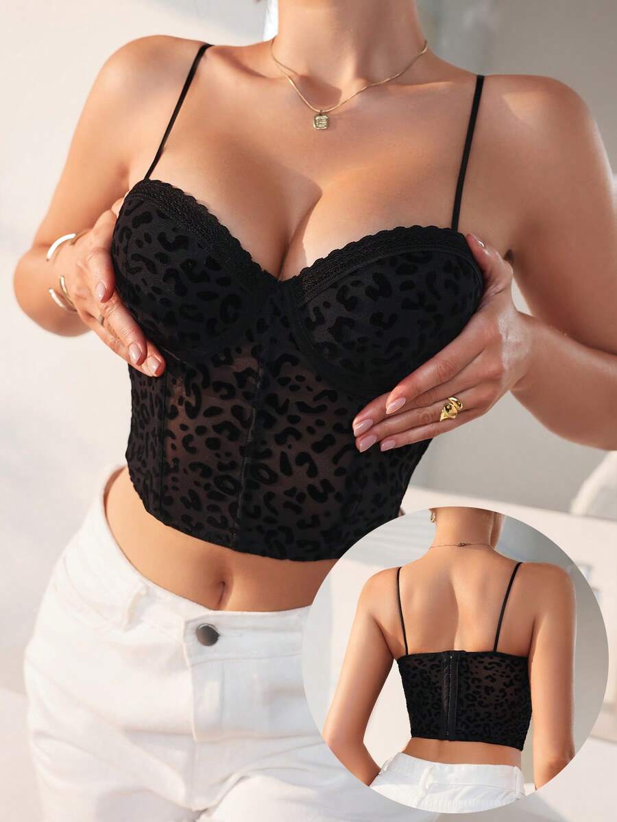 1pc Leopard Print Women's Underwire Push-Up Bra, Thin Non-Adjustable Shoulder Straps Women's Lingerie - Black - View 1