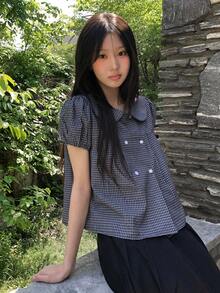 Peter Pan Collar Plaid Short Sleeve Shirt Summer - Navy Blue - View 2