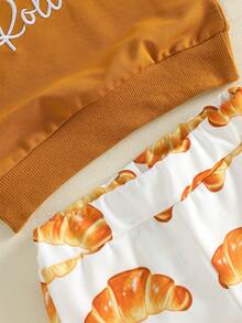 Girls Thanksgiving Bell Bottom Outfit Long Sleeve O Neck Pullover Croissants Print Flared Pants Headband Sets - Coffee Brown - View 10