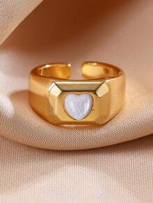 1pc Minimalist Wide Band Heart Mother Of Pearl Open Ring, Asymmetric Polished Adjustable Index Finger Ring For Women Daily Dating Jewelry Gift - Heart-shaped Ring - View 7