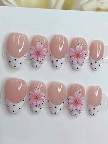 10pcs Polka Dot French Style Y2K 3D Carved INS Handmade Press-On Nails, Minimalist Versatile Gradient Pink Flower Nail Art, Suitable For Girls' Daily Wear, Fake Nail Tips, Nail Supplies - Multicolor - View 2