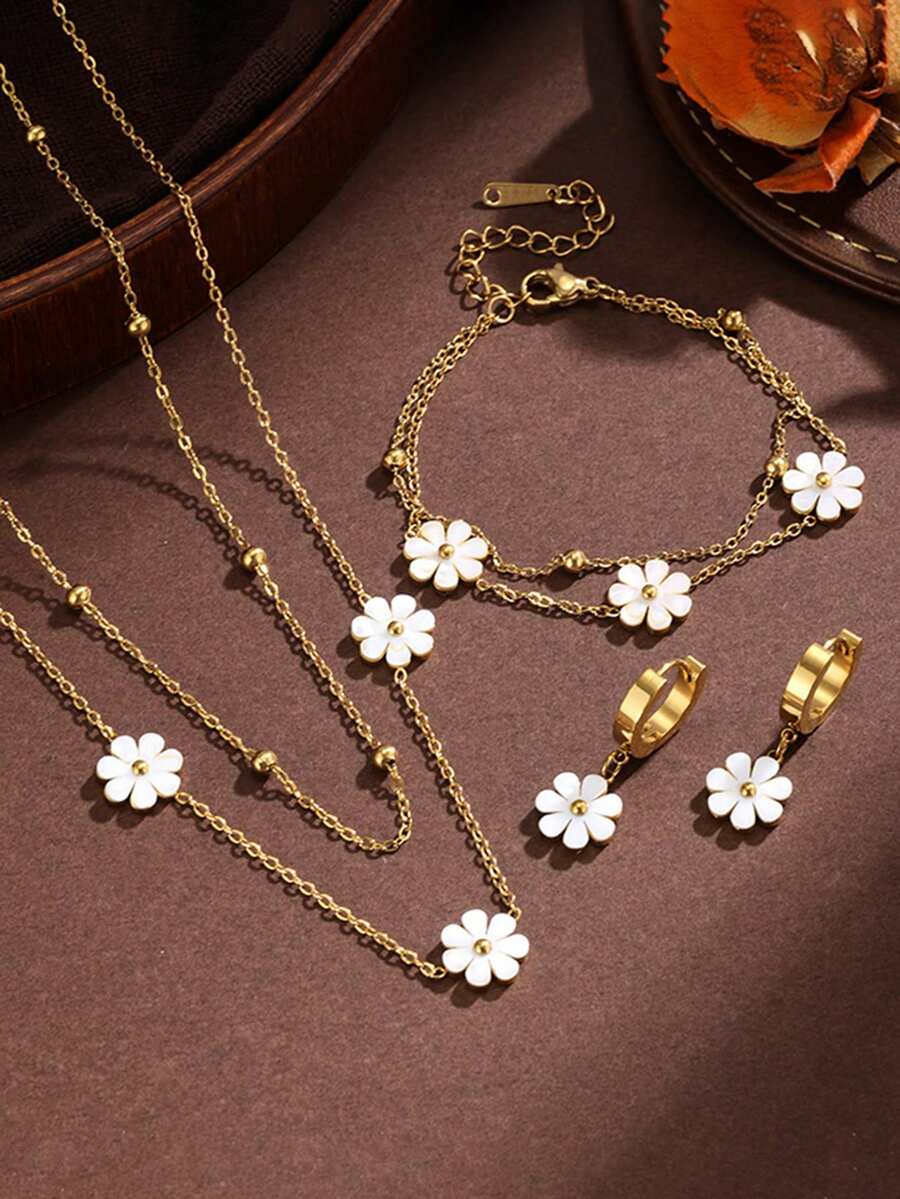 4pcs Ins Style Small Daisy Double Layer Beaded Chain Stainless Steel 18K Gold Plated Necklace Bracelet Earrings Jewelry Set For Women - Gold - View 1