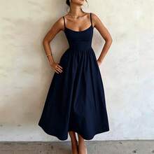 Timeless Draped Maxi Dress - Refined Silhouette & Flowy Texture - Navy Blue - View 2