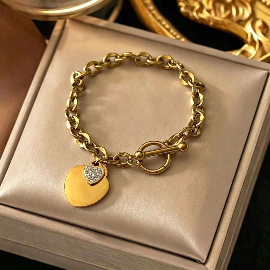 1pc Stainless Steel Heart Shaped Bracelet, Fashionable, Versatile, Simple, High-end, Light Luxury, Unique Design, Ins Style, Korean Version, Gentle, Sweet, Studded With Rhinestones, Preferred Gift For Female Friends, Students, Daily Wear - Yellow Gold - View 1