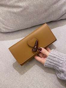 Billetera larga para mujer con decoración en forma de corazón, de cuero suave, con múltiples ranuras para tarjetas, compartimento integrado para dinero y tarjetas, bolso plegable triple multifuncional - Marrón - Ver 2