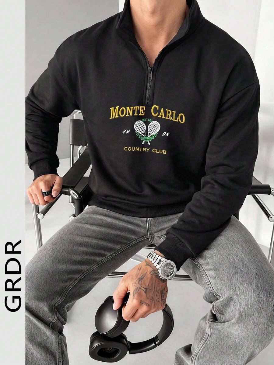GRDR Men's Half-Zip Sweatshirt Long Sleeve Top, Solid Color Knit Basic Casual Sportswear - Black - View 1