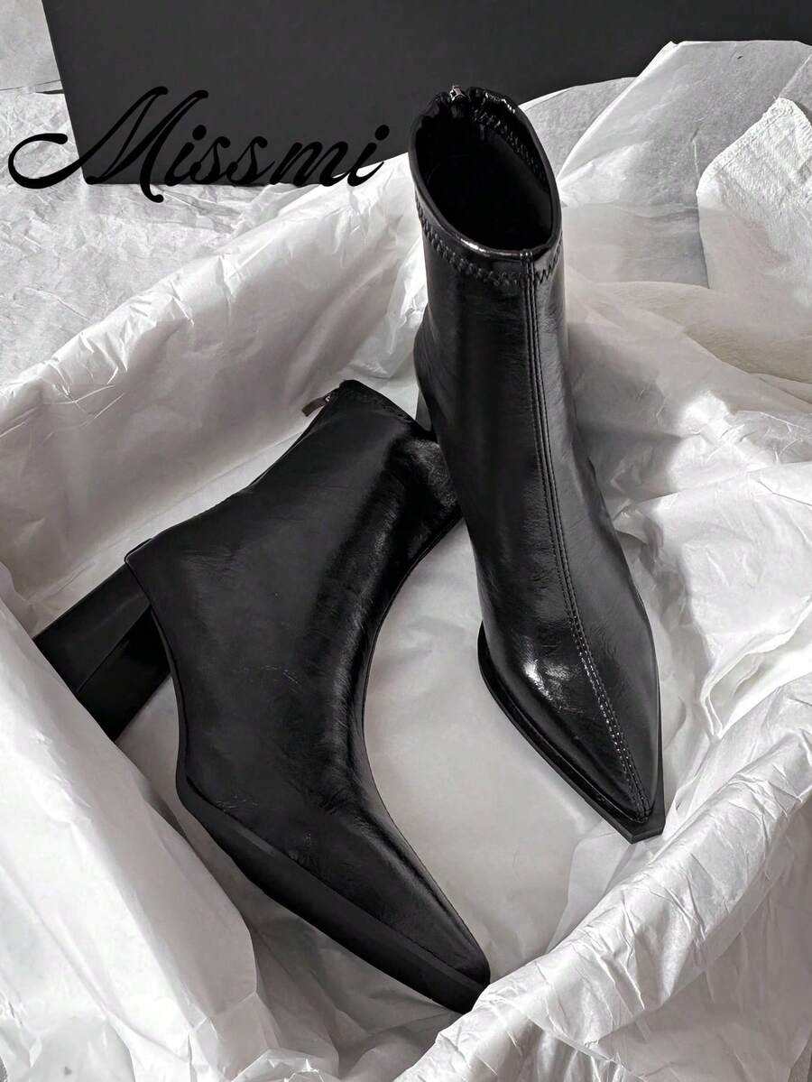 Women's High Heel Pointed Toe Ankle Boots With Chunky Heel And Back Zipper, New Autumn/Winter Black Premium Boots