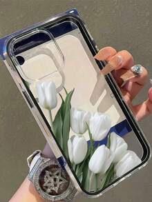 1pc Creative White Tulip Aesthetic Pattern 2-In-1 Black Frame Transparent Full Coverage Shockproof TPU Fashion Phone Case Compatible With Apple 11 12 13 14 15 16 17 Pro Max/Plus Shock-Absorbing Protective Cover - Multicolor - View 2