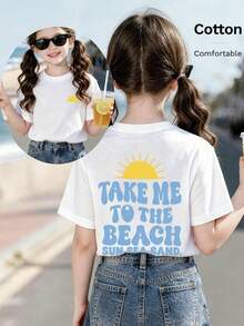 T-shirt décontracté à manches courtes avec imprimé slogan de plage pour fille préadolescente, style vacances, décontracté pour le quotidien, les vacances, les voyages et la plage - Blanc - Voir 3