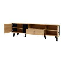 Elegance And Style: 170cm TV Stand In Wood And Black, Low TV Stand With Drawers, Multiple Storage Functions, Unique Appearance. - 自然色 - 查看 11