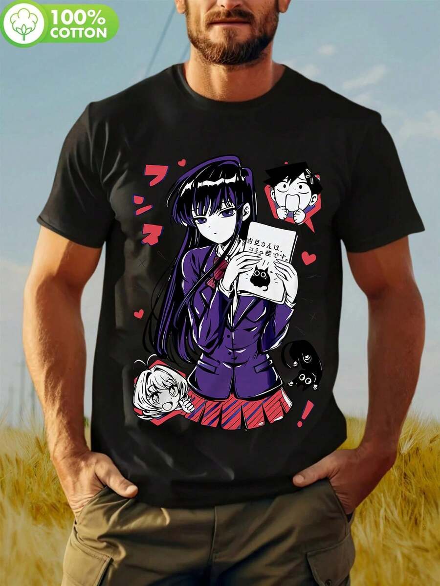 Camiseta negra con un estampado del anime Komi-San Wa, Komyushou Desu. Telas de primera calidad, estampados excelentes, perfectos para looks casuales de diario y fiestas, recomendados para - Negro - Ver 1