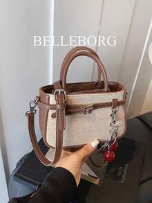 Casual Contrast Color Texture Versatile Commute Retro Leather Buckle Small Handbag With Pendant For Women - Coffee - View 1