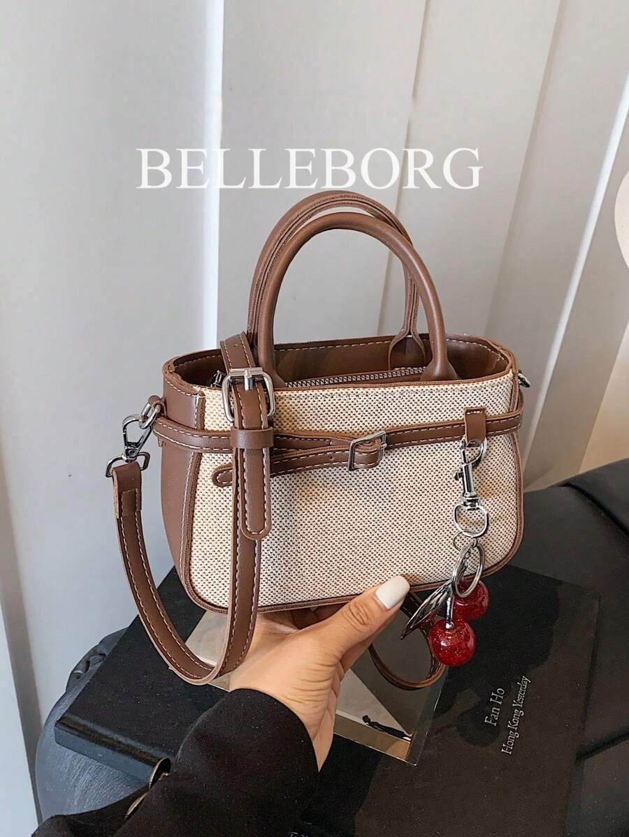 Casual Contrast Color Texture Versatile Commute Retro Leather Buckle Small Handbag With Pendant For Women - Coffee - View 1