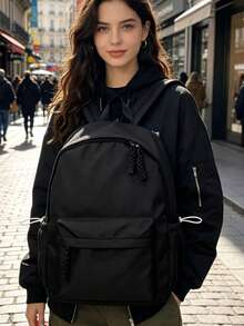 Women's Minimalist Solid Color Nylon Backpack, Lightweight Business Commute Daily Backpack, Multi-Pocket Large Capacity Casual Backpack Suitable For Office, Work, Travel, School - Black - View 3