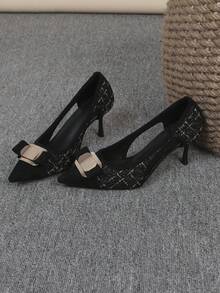 Sapatos Femininos de Salto Agulha com Bico Fino e Decote Baixo, Sapatos Versáteis com Fivela, Sapatos Slip-On da Moda, Saltos Altos Pretos, Tamanhos Grandes 35-43 - Fivela quadrada preta e dourada vazada - Visão 6
