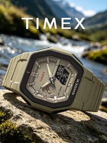 Timex Mens Shock Resistant Analog Watch Octagonal Case Resin Strap World Time Split Countdown Multifunctional Sports Watch for Outdoor Camping Gift for Male - 軍綠色 - 查看 6
